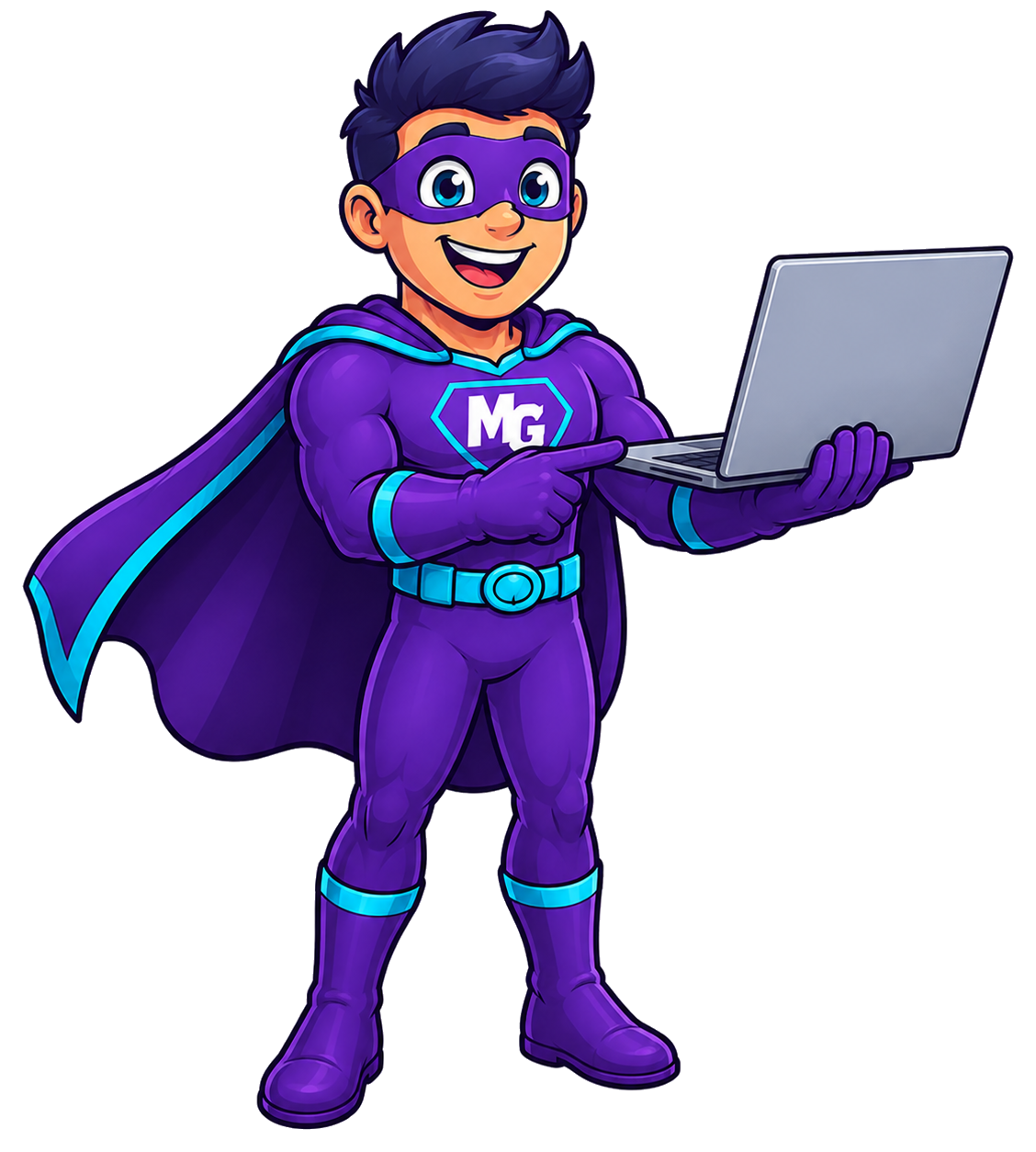 MightyGroup superhero holding a laptop