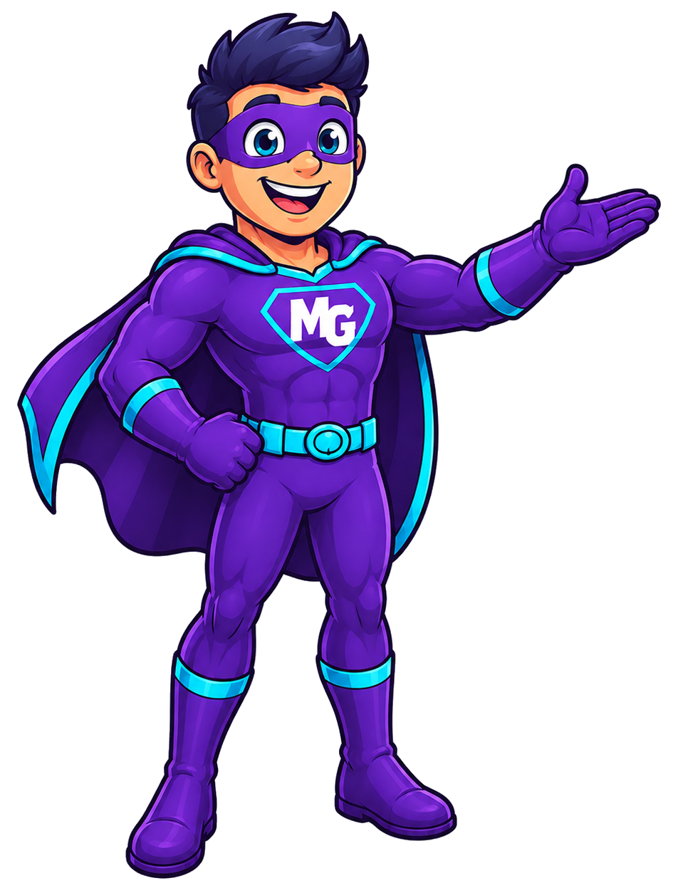 MightyGroup superhero mascot presenting the MightyGroupUK brand family